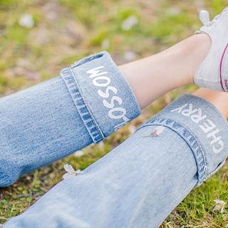 Lettering-hem Washed Straight-cut Jeans