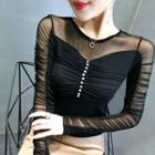 Long-sleeve Shirred Mesh Blouse