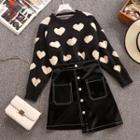Set: Heart Print Sweater + Mini Faux Leather A-line Skirt