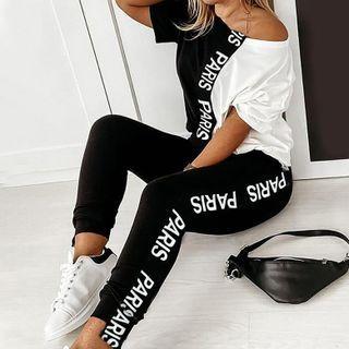 Set: Short-sleeve Two-tone Lettering T-shirt + Leggings
