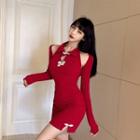 Set: Sleeveless Mini Qipao + Long-sleeve Shrug