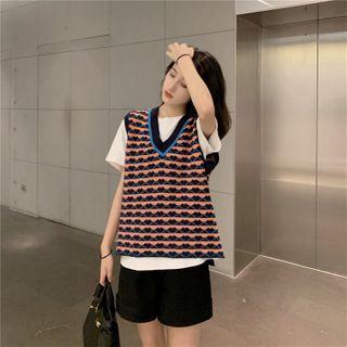 Patterned Sweater Vest Orange & Blue - One Size