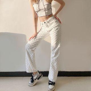 High-waist Eyelet Straight Leg Pants
