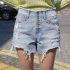 Button-fly Studded Distressed Denim Shorts