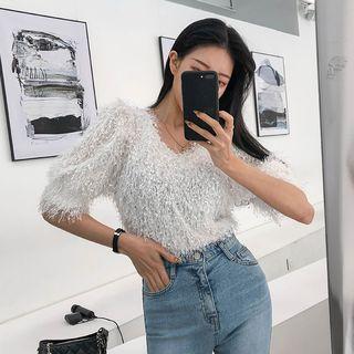 V-neck Glitter Furry Blouse