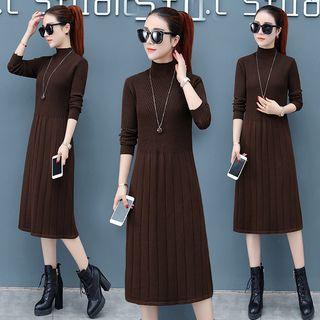 Mock-neck Long-sleeve Knit Midi A-line Dress