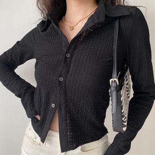 Long-sleeve Lapel Single-breasted Plain Top