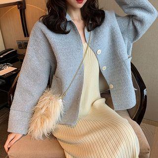 Plain Button Jacket / Strappy Ribbed Midi Knit Dress