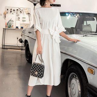 Tie Waist 3/4-sleeve Midi Dress
