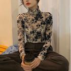 Mock-neck Long-sleeve Floral Print T-shirt Almond - One Size