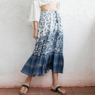 Floral Print Tasseled Midi A-line Skirt