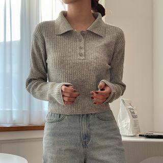 Cropped Rib-knit Polo Shirt
