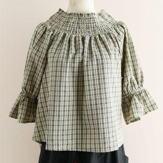 Off-shoulder Check 3/4 Sleeve Top
