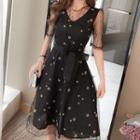 Star Embroidered Elbow-sleeve A-line Dress