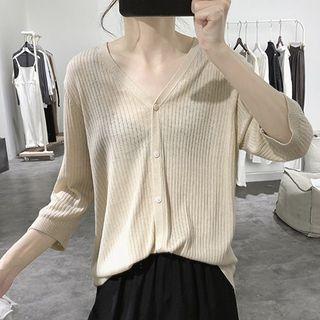 Plain Elbow-sleeve V-neck Knit Cardigan