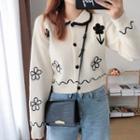 Collared Flower Embroidered Cropped Cardigan
