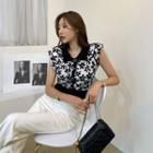 Collared Knitted Floral Top Black - One Size