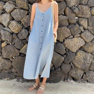 Sleeveless Buttoned Long Denim Dress Light Blue - One Size