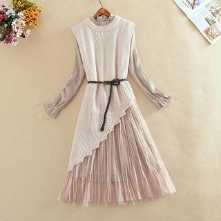 Set: Mesh Panel Long-sleeve A-line Dress + Crew-neck Chunky Knit Vest