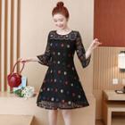 Elbow-sleeve Floral A-line Lace Dress