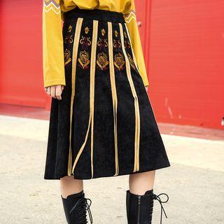 Embroidered Fringed Panel A-line Skirt