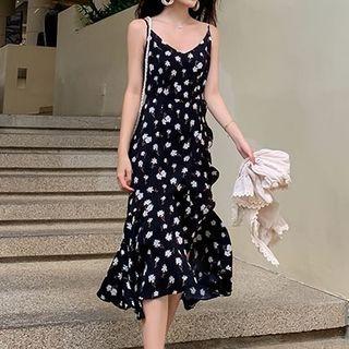 Spaghetti Strap Floral Midi A-line Dress / 3/4-sleeve Open-front Jacket