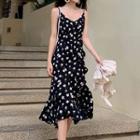 Spaghetti Strap Floral Midi A-line Dress / 3/4-sleeve Open-front Jacket
