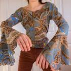 Bell-sleeve Tie-front Floral Print Ruffled-trim Top
