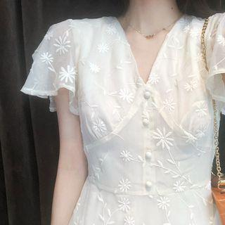 Spaghetti Strap Flower Print Ruffle Hem Midi Sheath Dress / Short-sleeve Midi A-line Dress