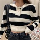 Cropped Striped Polo Sweater Stripes - Black & White - One Size
