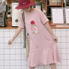 Loose-fit Rose Embroidered Short-sleeve Dress