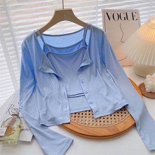 Set:long-sleeve Plain Cropped Cardigan + Plain Camisole Top