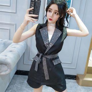 Set: Double Breasted Rhinestone Vest + Shorts