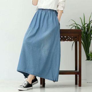 Elastic-waist Washed Denim Skirt