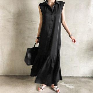 Sleeveless Ruffle-hem Maxi Shirtdress