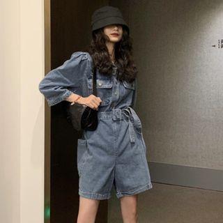 Long-sleeve Denim Wide-leg Playsuit Dark Blue - One Size