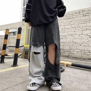 Distressed Patchwork Wide Leg Jeans