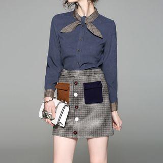 Set: Plaid Bow Shirt + Houndstooth A-line Skirt