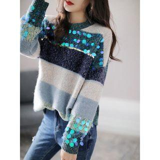 Sequin Sweater Light Blue & Dark Blue & White - One Size