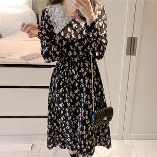 Lace Collared Floral Long-sleeve Midi A-line Dress Almond - One Size