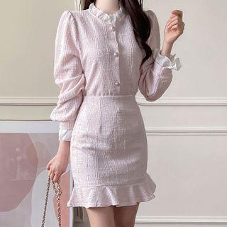 Tweed Set: Contrast-frilled Blouse + Ruffled Miniskirt