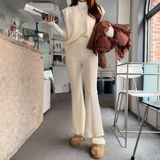 Set: V-neck Rib-knit Vest + Boot-cut Knit Pants