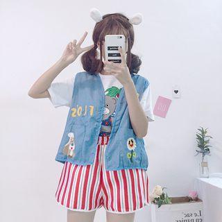Printed Short Sleeve T-shirt / Embroidered Vest / Striped Shorts