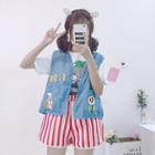 Printed Short Sleeve T-shirt / Embroidered Vest / Striped Shorts