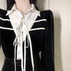 Two-tone Tie-strap Blouse / Faux Leather Mini Pencil Skirt