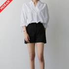 Puff-sleeve Slit-front Loose-fit V-neck Blouse