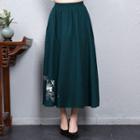 Floral Embroidered Midi A-line Skirt Dark Green - One Size