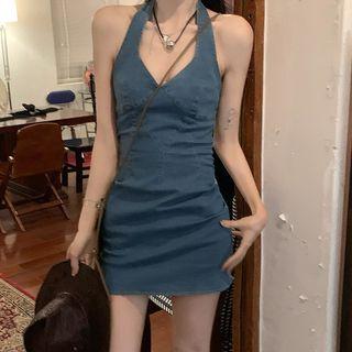 Sleeveless Halter Neck V-neck Denim Mini Sheath Dress