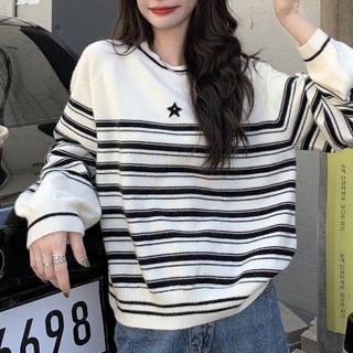 Striped Star Print Sweater Stripes - Black & White - One Size