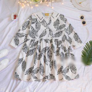 Sailor Collar Leaf Print Long-sleeve A-line Dress